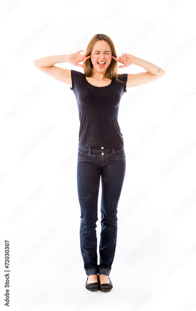 model isolated on plain background plugging ears with fingers model isolated on plain background plugging ears with fingers