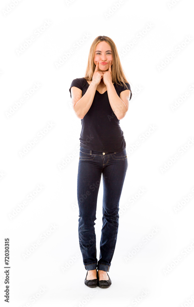 model isolated on white with fake smile model isolated on white with fake smile