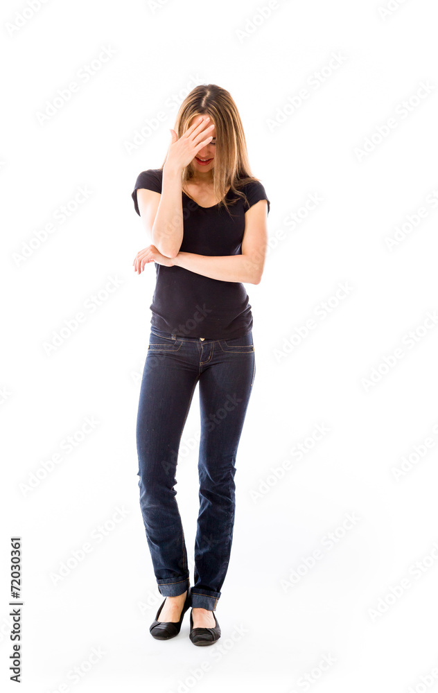 model isolated on plain background ashamed hiding face in hand model isolated on plain background ashamed hiding face in hand