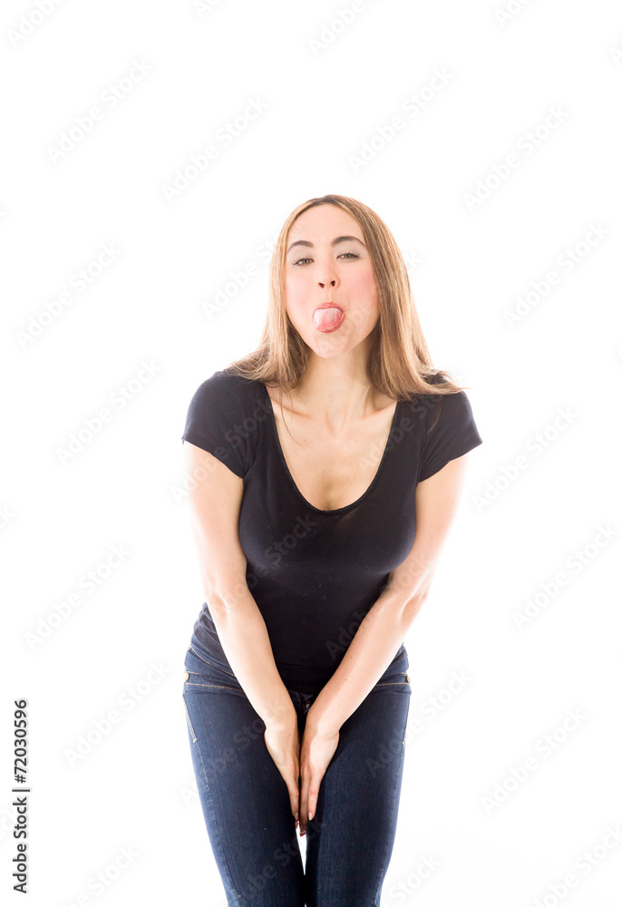 model isolated on plain background face sticking tongue out model isolated on plain background face sticking tongue out
