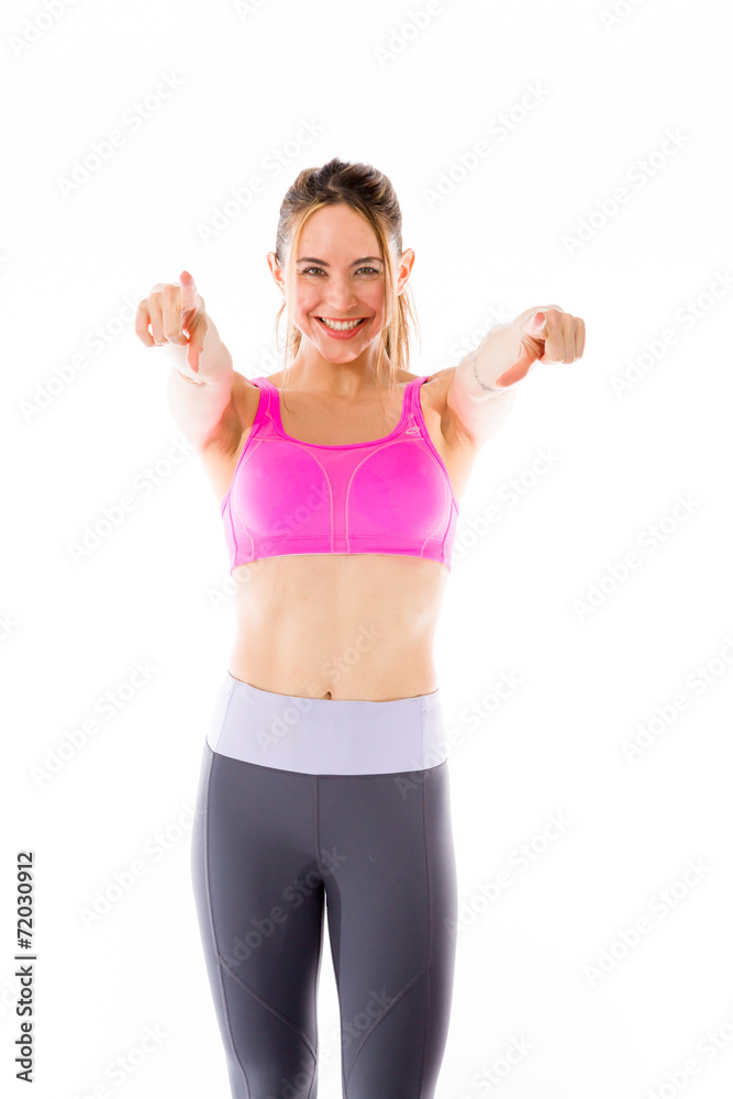 model isolated on plain background fingers pointing to camera model isolated on plain background fingers pointing to camera
