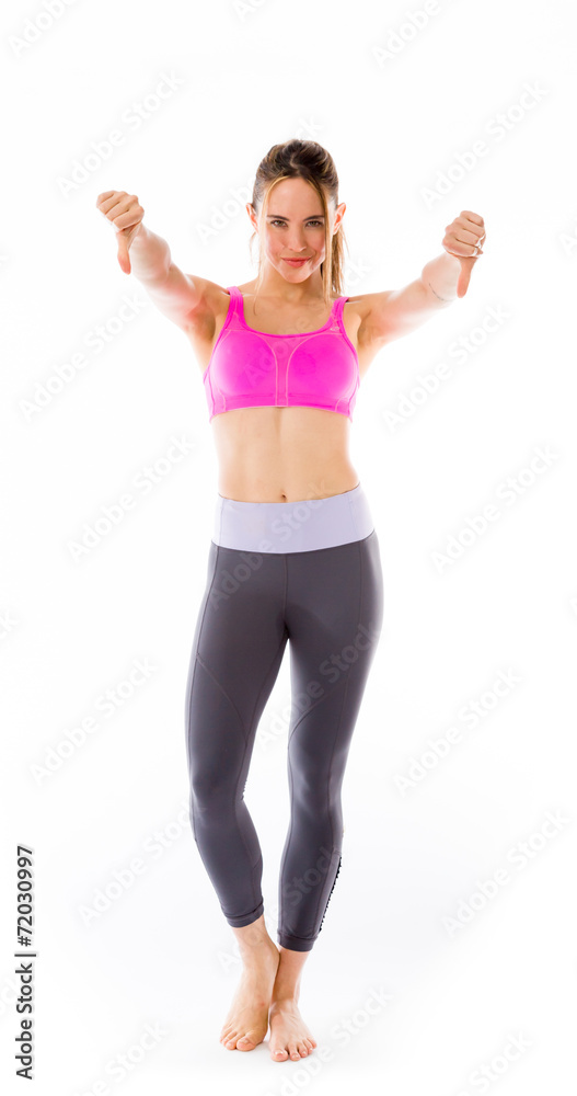 negative model showing thumbs down negative model showing thumbs down