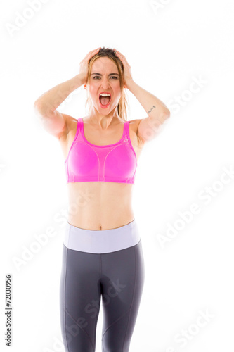 model isolated on plain background stressed upset pulling hairs