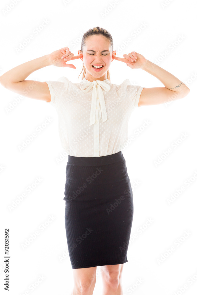 model isolated on plain background plugging ears with fingers model isolated on plain background plugging ears with fingers