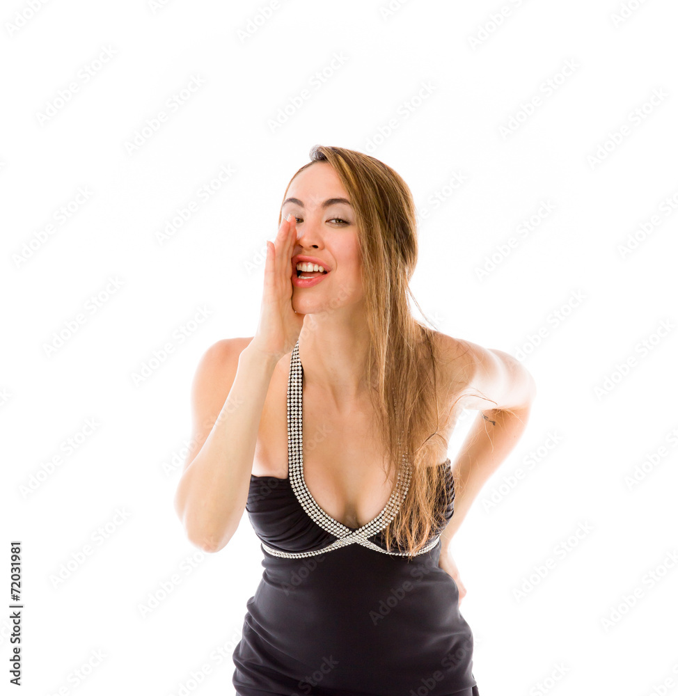 model isolated on plain background calling shouting model isolated on plain background calling shouting