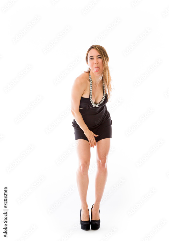 model isolated on plain background face sticking tongue out