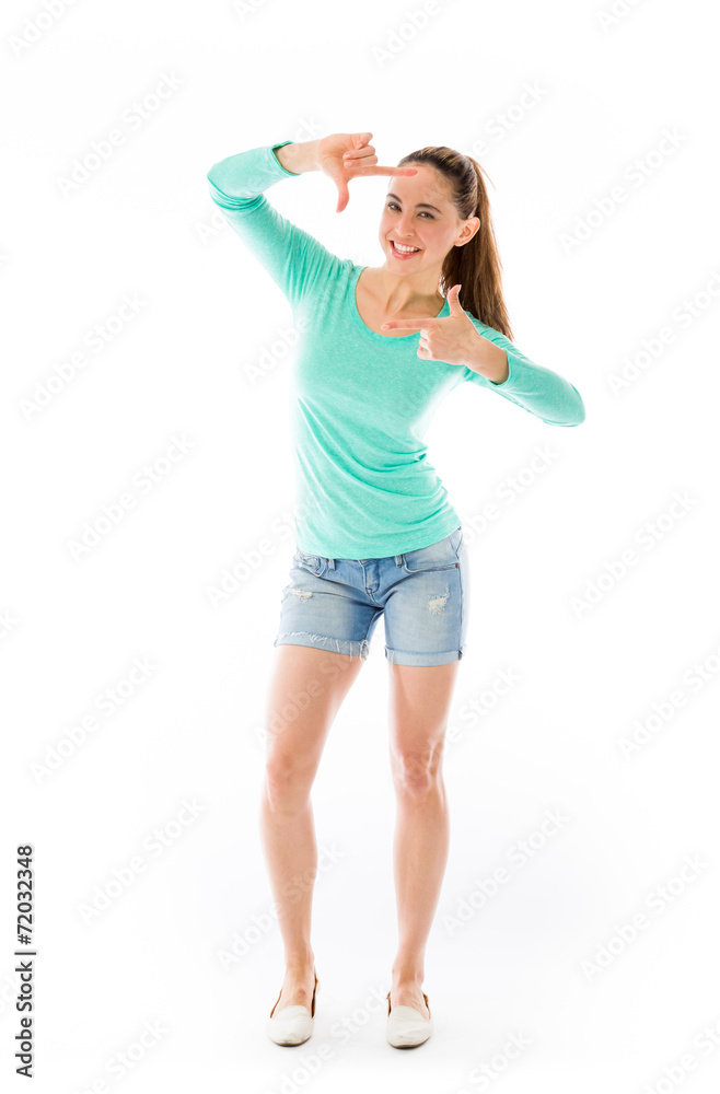 model isolated on plain background hand gesture framing focusing model isolated on plain background hand gesture framing focusing