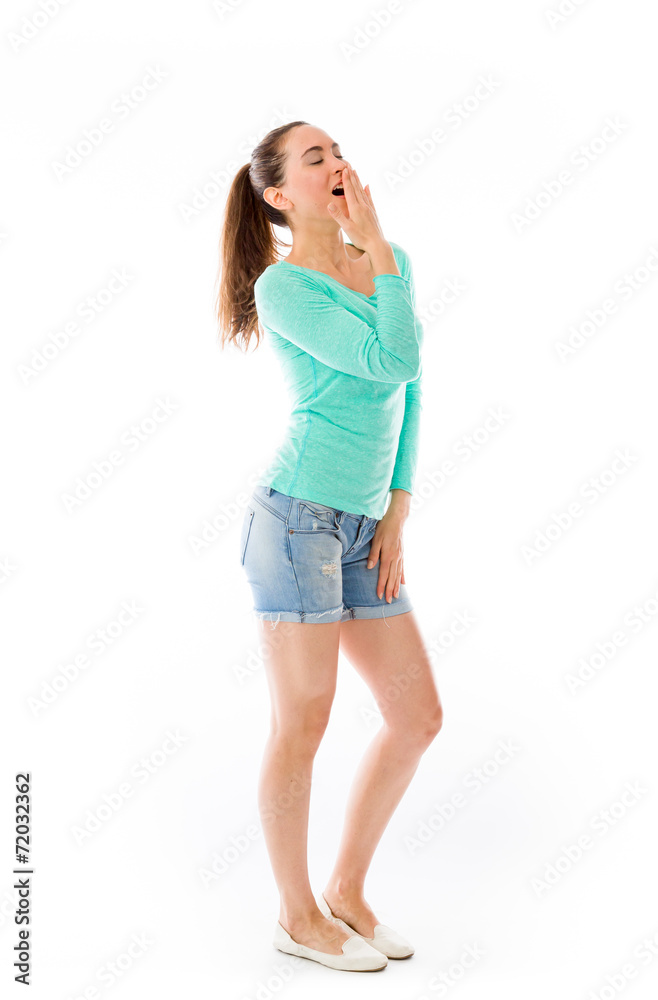 model isolated on plain background tired bored yawning model isolated on plain background tired bored yawning