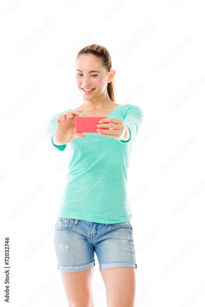 model isolated on white holding phone model isolated on white holding phone