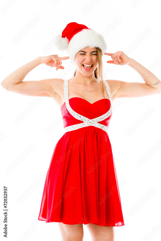 model isolated on plain background plugging ears with fingers