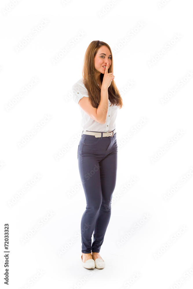 model isolated with finger on lips secret model isolated with finger on lips secret