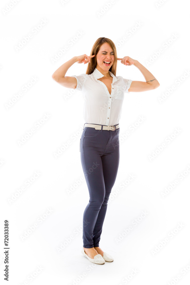 model isolated on plain background plugging ears with fingers model isolated on plain background plugging ears with fingers