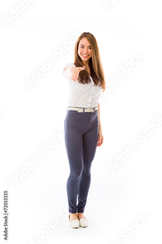 model isolated on plain background greetings hand shake