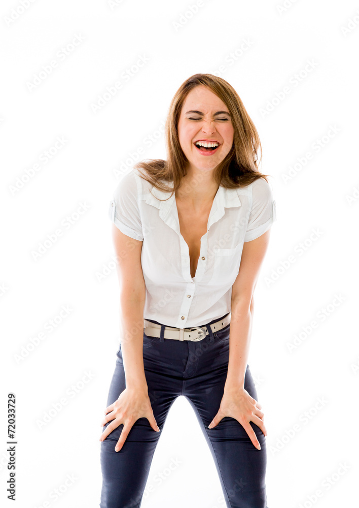model isolated on white funny laughing model isolated on white funny laughing