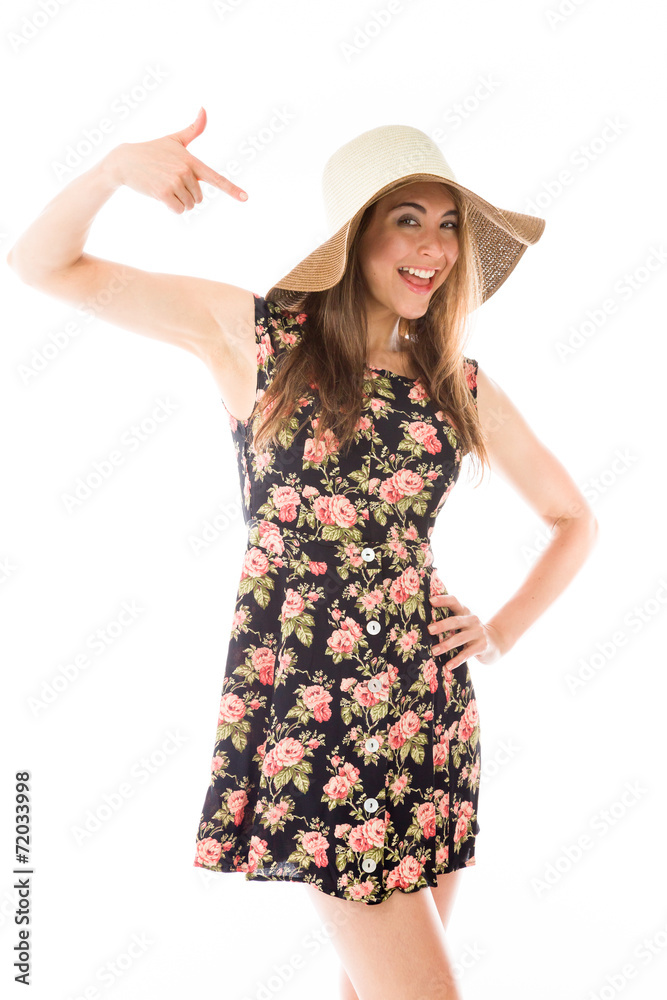 model isolated on plain background pointing to herself model isolated on plain background pointing to herself