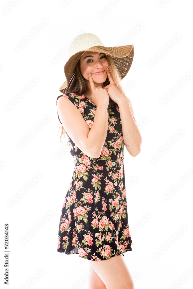 model isolated on white with fake smile model isolated on white with fake smile