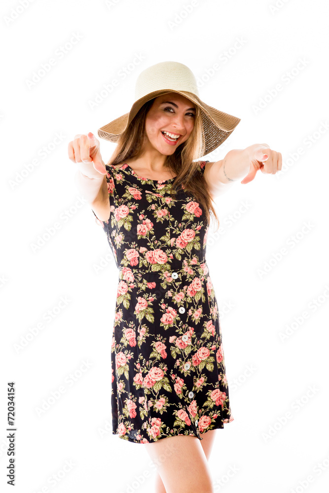 model isolated on plain background fingers pointing to camera model isolated on plain background fingers pointing to camera