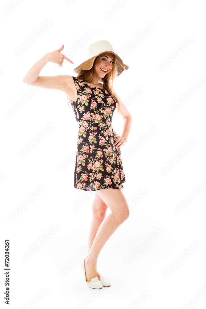 model isolated on plain background pointing to herself model isolated on plain background pointing to herself