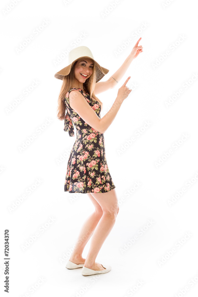 model isolated on plain background looking at camera pointing model isolated on plain background looking at camera pointing
