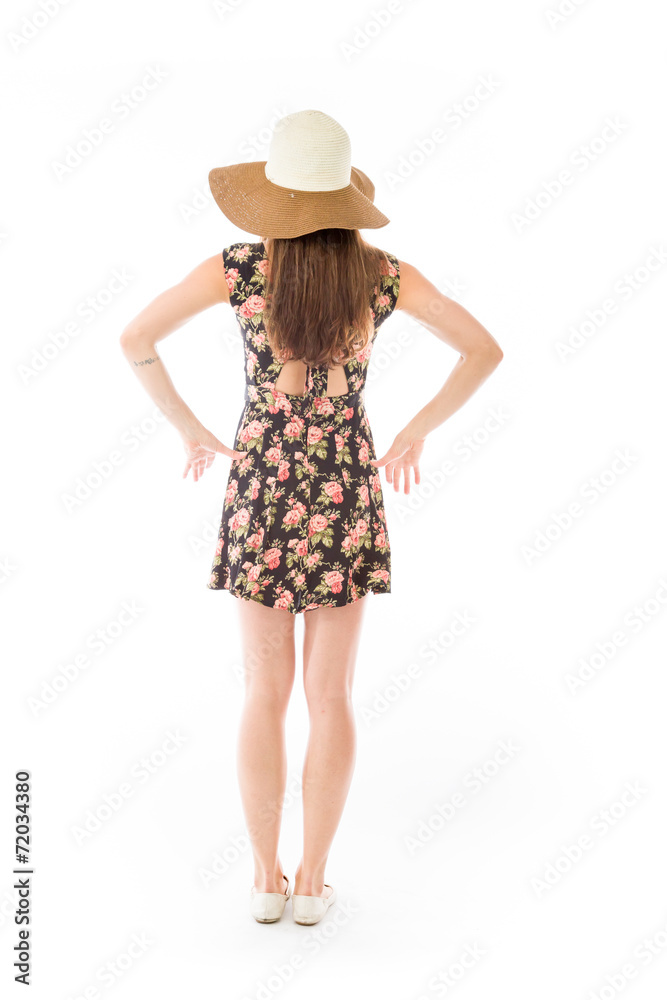 model isolated on plain background back hands on hips model isolated on plain background back hands on hips