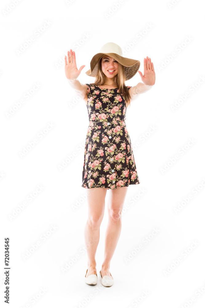 model isolated on plain background stop sign with hands model isolated on plain background stop sign with hands