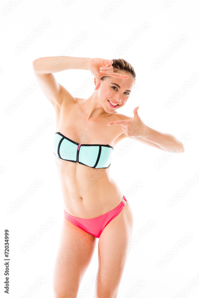model isolated on plain background hand gesture framing focusing model isolated on plain background hand gesture framing focusing