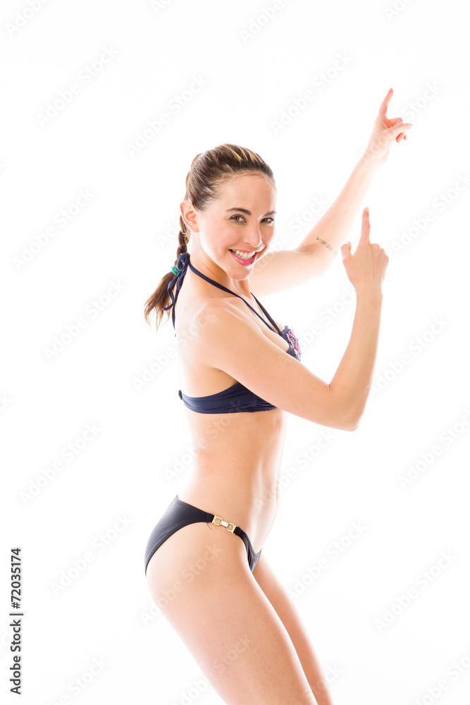 model isolated on plain background looking at camera pointing model isolated on plain background looking at camera pointing