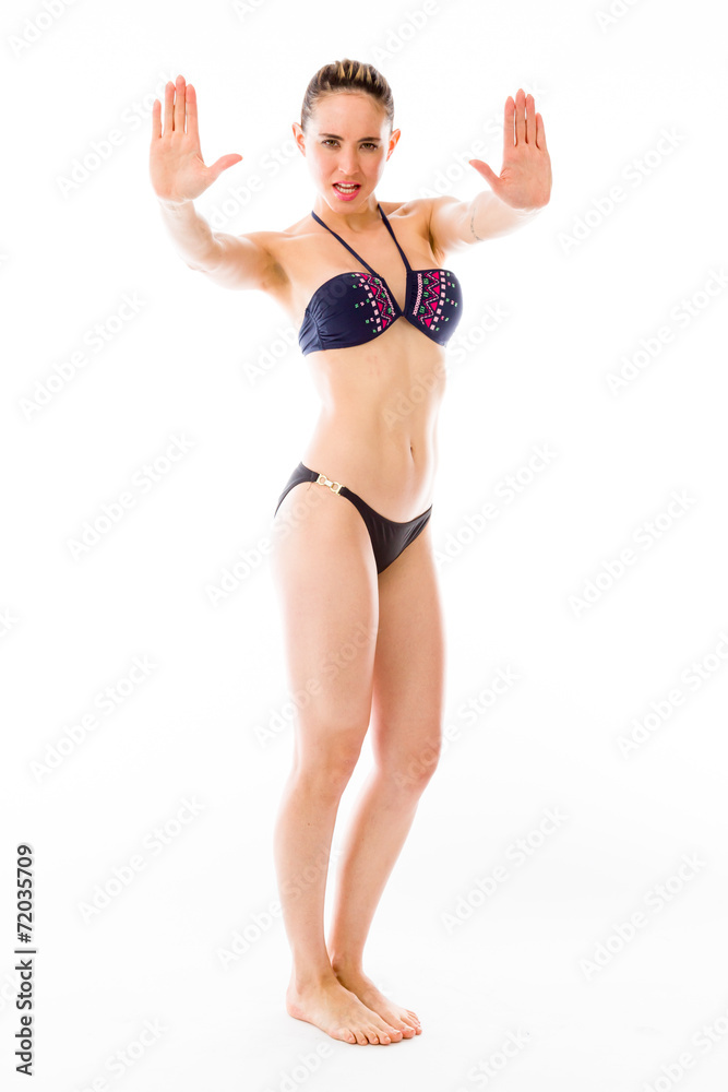 model isolated on plain background stop sign with hands model isolated on plain background stop sign with hands