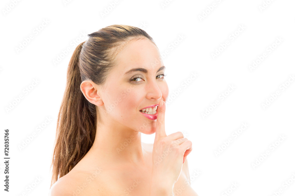 model isolated with finger on lips secret model isolated with finger on lips secret
