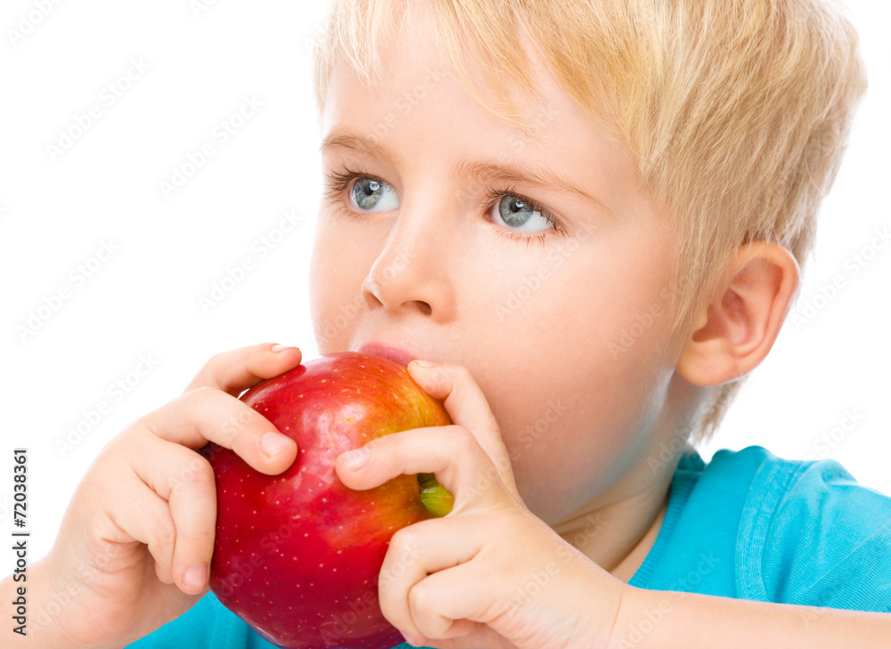 Portrait of a cute little boy with red apple Portrait of a cute little boy with red apple
