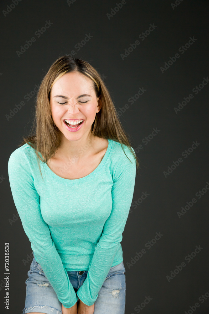 model isolated on white funny laughing model isolated on white funny laughing