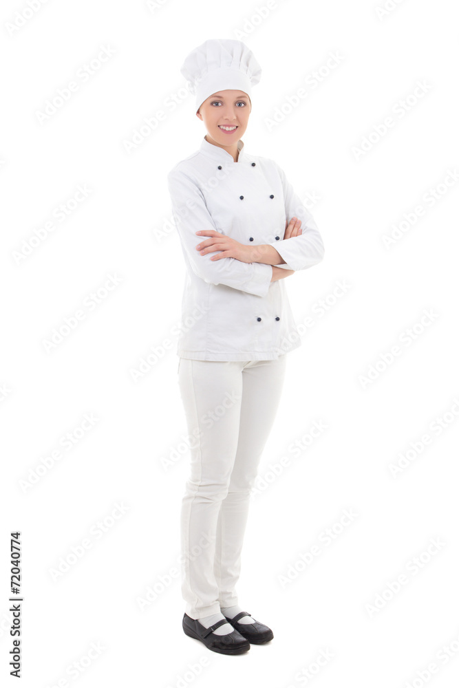 full length portrait of young woman chef  isolated on white