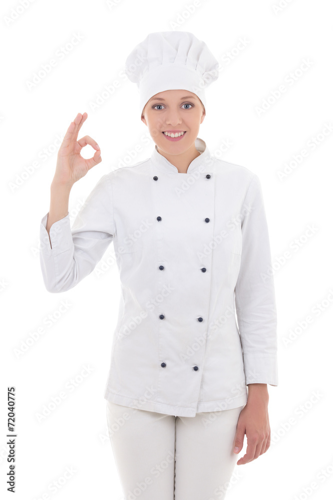 young woman chef showing ok sign isolated on white young woman chef showing ok sign isolated on white