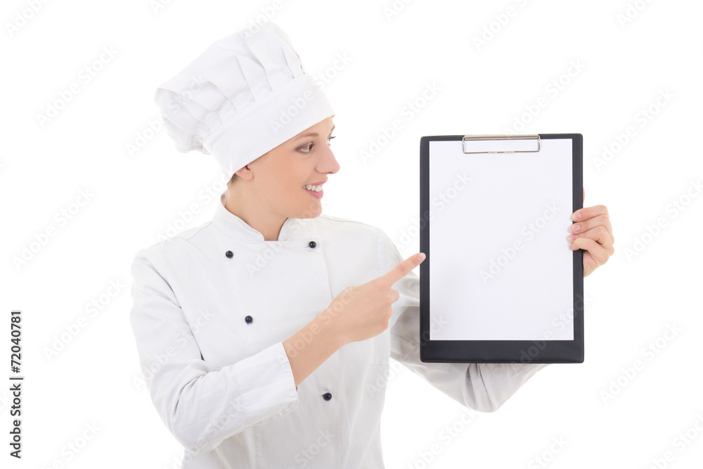 young woman in chef uniform showing clipboard with blank paper i young woman in chef uniform showing clipboard with blank paper i