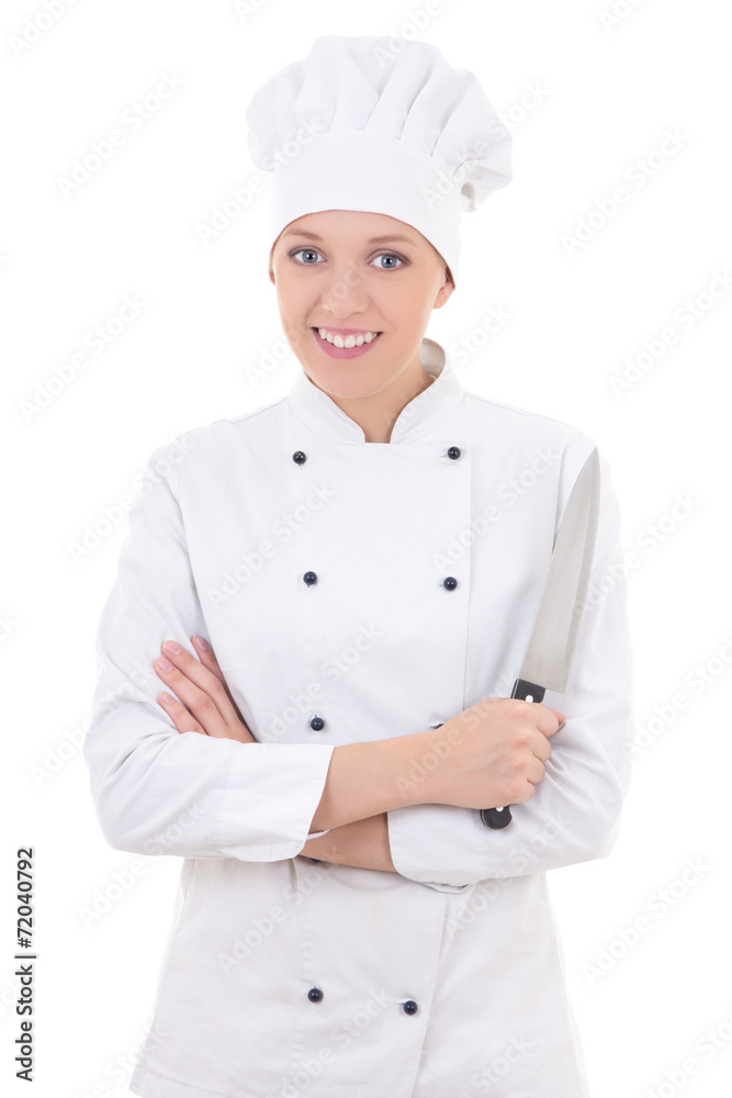 young happy woman in chef uniform holding knife isolated on whit young happy woman in chef uniform holding knife isolated on whit
