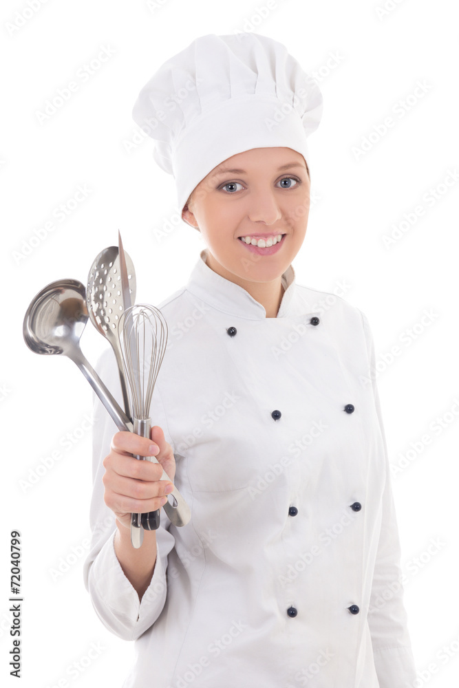 young woman in chef uniform with kitchen equipment isolated on w young woman in chef uniform with kitchen equipment isolated on w