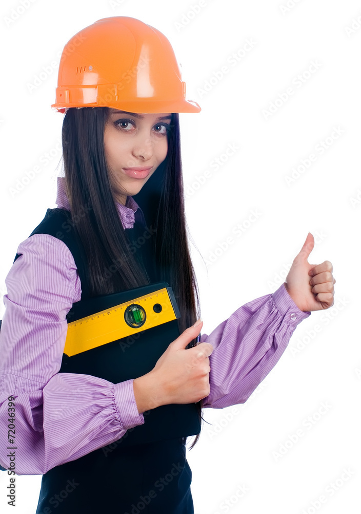 Attractive girl with level shows thumb up gesture Attractive girl with level shows thumb up gesture