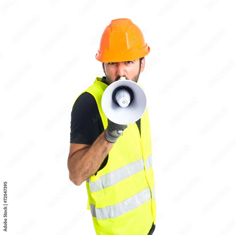 Workman shouting over isolated white background Workman shouting over isolated white background