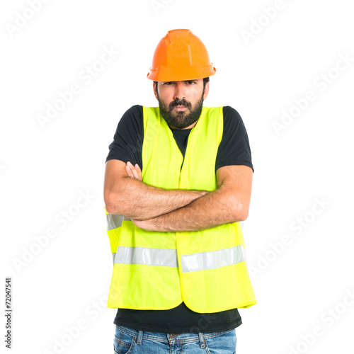 Sad workman over isolated white background