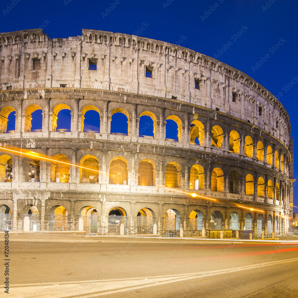 Colosseum in Rome with car lighting, Italy