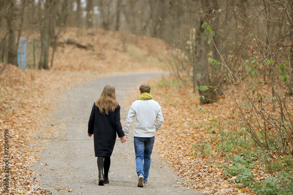 The girl and the guy walk on the autumn wood The girl and the guy walk on the autumn wood