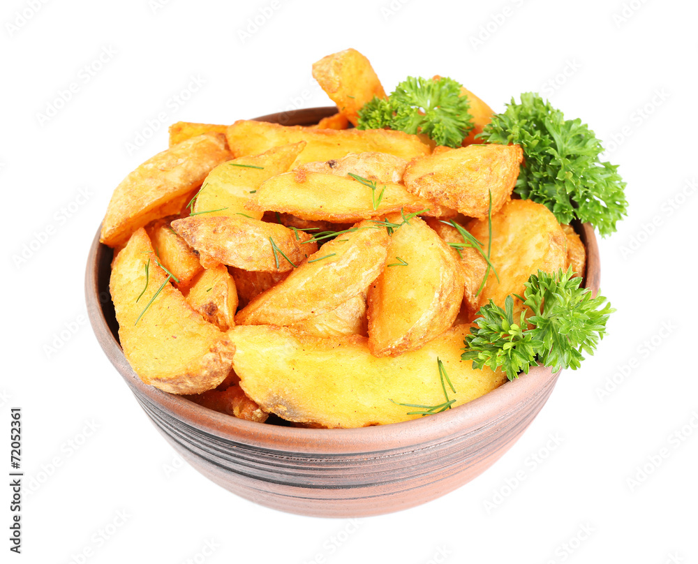 Homemade fried potato in bowl isolated on white Homemade fried potato in bowl isolated on white