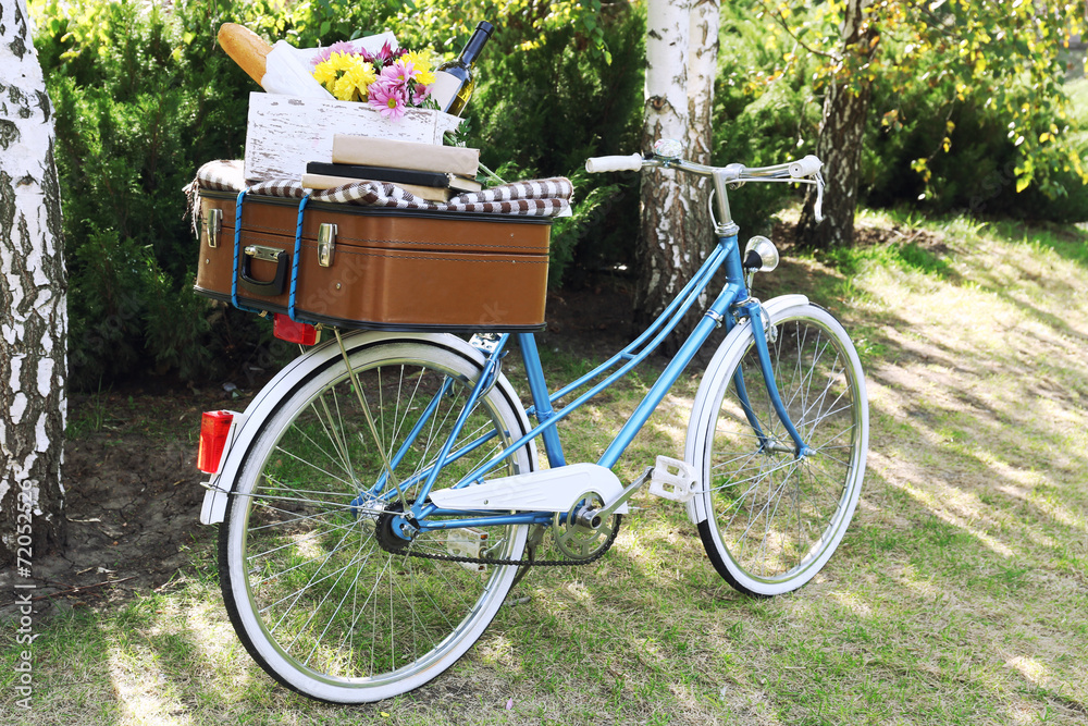 Bicycle and brown suitcase with picnic set