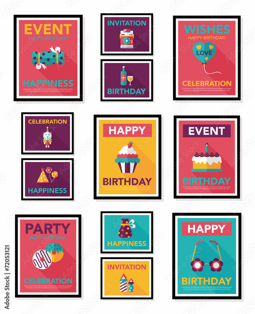 Birthday poster flat banner design flat background set, eps10