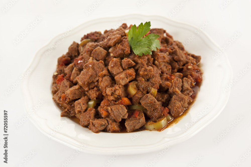 Meat Saute Turkish Et sote isolated white background Meat Saute Turkish Et sote isolated white background
