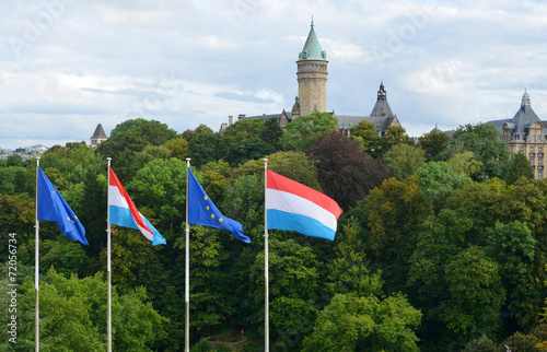 Luxemburg town with different flags, european flag and flag of Luxemburg, Europe photo