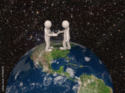Obraz na płótnie men shaking hands on the earth. 3d render w salonie