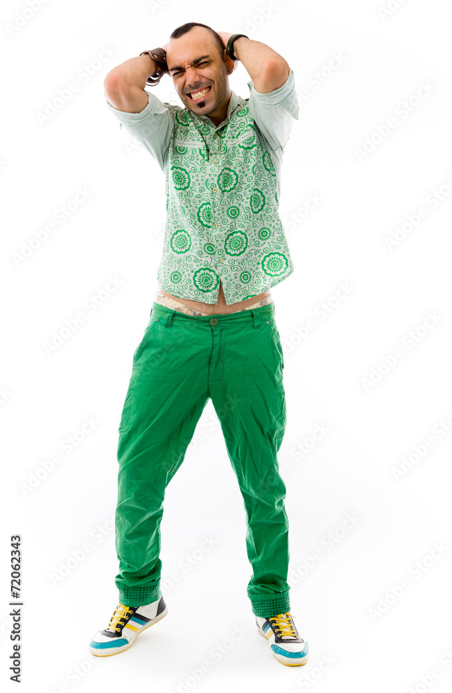 model isolated on plain background stressed upset pulling hairs