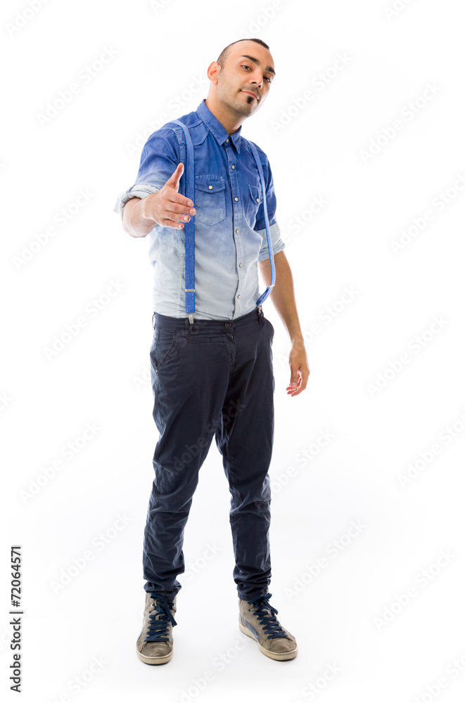 model isolated on plain background greetings hand shake model isolated on plain background greetings hand shake
