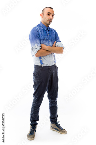 model isolated on plain background happy smiling arms crossed